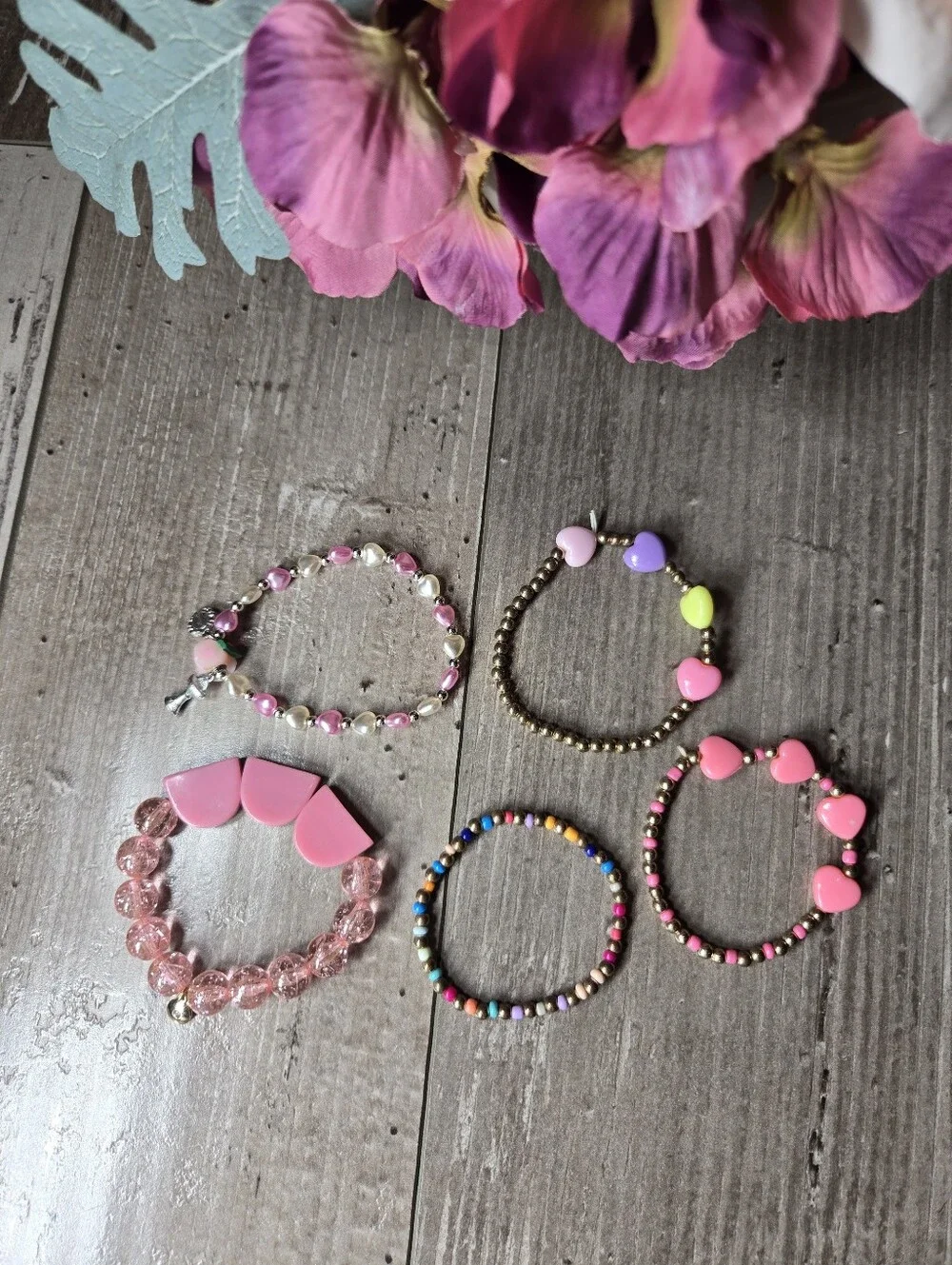 Girls Pink Heart Beaded Bracelet Set 5pc